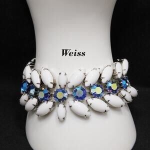 Weiss 1960s Blue Aurora Borealis Rhinestone & White Milk Glass Bracelet
